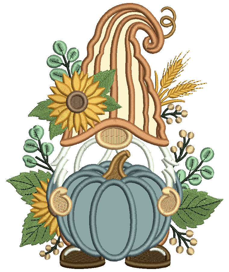 Gnome Holding Big Pumpkin Applique Machine Embroidery Design Digitized Pattern
