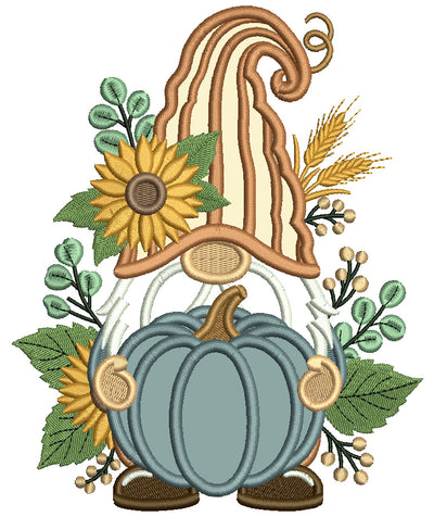 Gnome Holding Big Pumpkin Applique Machine Embroidery Design Digitized Pattern