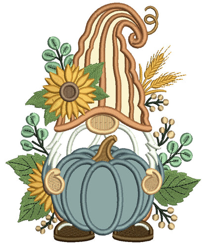 Gnome Holding Big Pumpkin Applique Machine Embroidery Design Digitized Pattern