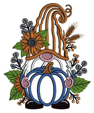 Gnome Holding Big Pumpkin Applique Machine Embroidery Design Digitized Pattern