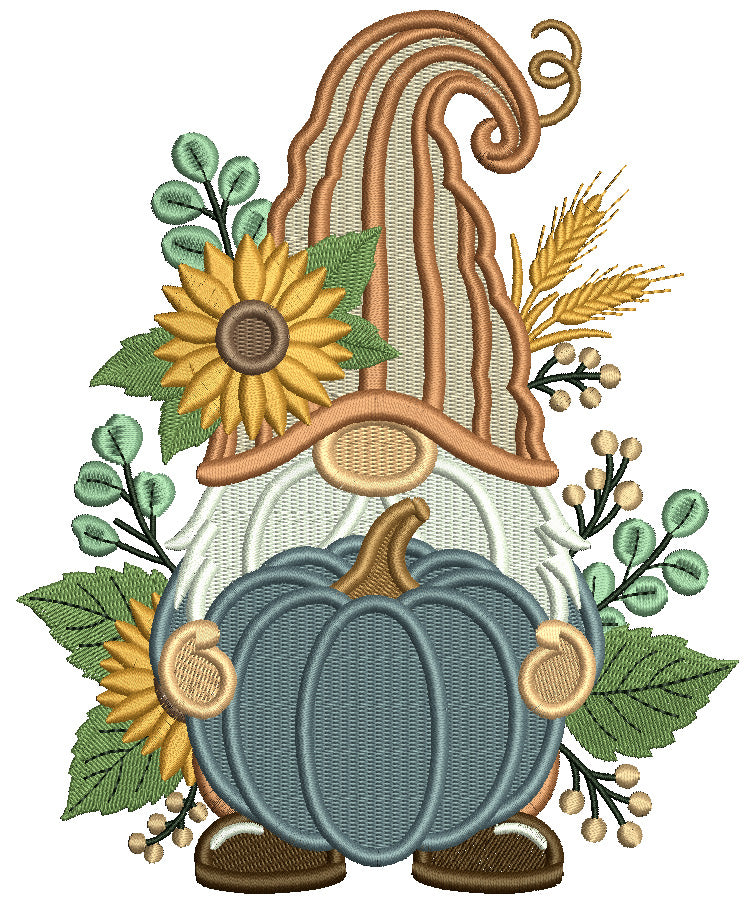 Gnome Holding Big Pumpkin Filled Machine Embroidery Design Digitized Pattern