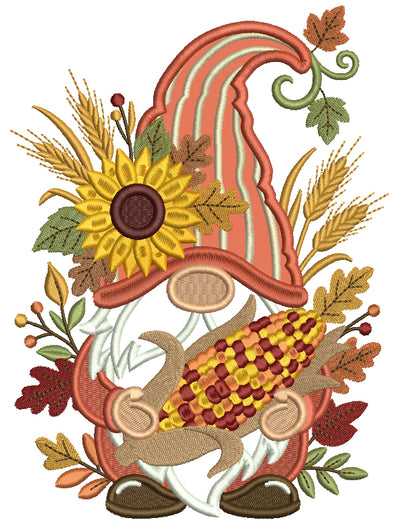 Gnome Holding Corn With Sunflower In His Hat Applique Machine Embroidery Design Digitized Pattern