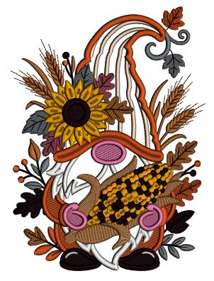 Gnome Holding Corn With Sunflower In His Hat Applique Machine Embroidery Design Digitized Pattern