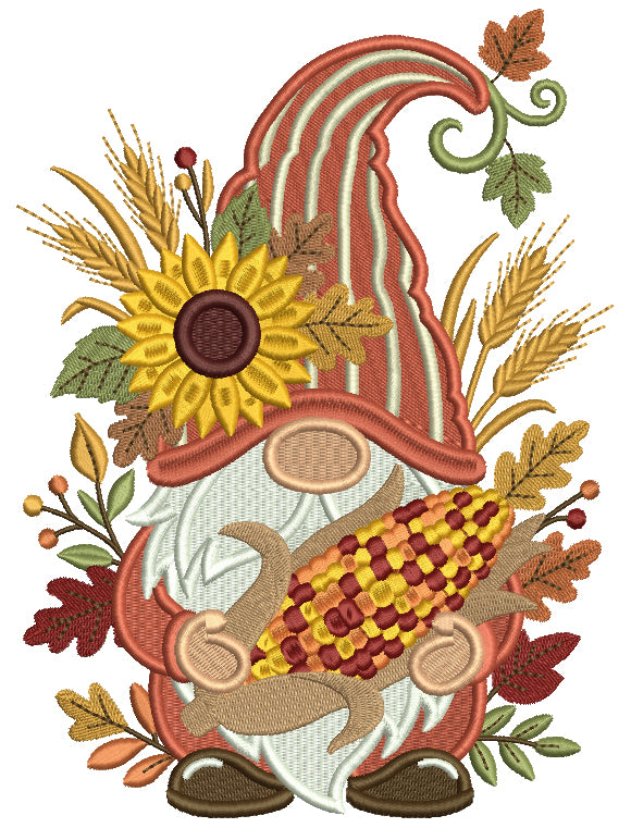 Gnome Holding Corn With Sunflower In His Hat Filled Machine Embroidery Design Digitized Pattern