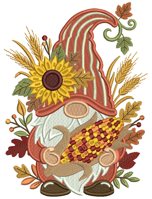 Gnome Holding Corn With Sunflower In His Hat Filled Machine Embroidery Design Digitized Pattern