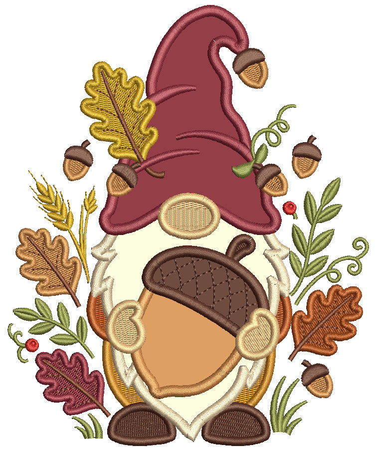 Gnome With Acorn Fall Machine Embroidery Design - Applique Pattern