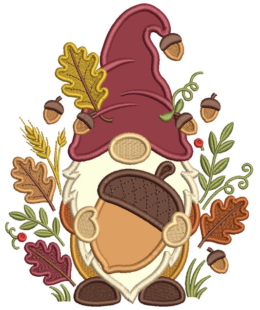 Gnome With Acorn Fall Machine Embroidery Design - Applique Pattern