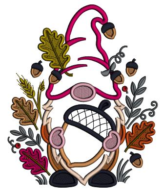 Gnome With Acorn Fall Machine Embroidery Design - Applique Pattern