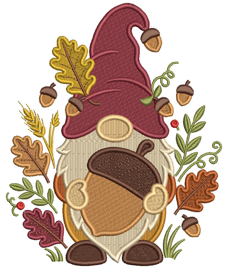 Gnome With Acorn and Leaves Fall Machine Embroidery Design - Filled Pattern