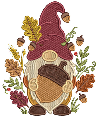 Gnome With Acorn and Leaves Fall Machine Embroidery Design - Filled Pattern