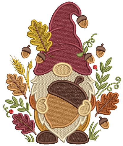 Gnome With Acorn and Leaves Fall Machine Embroidery Design - Filled Pattern