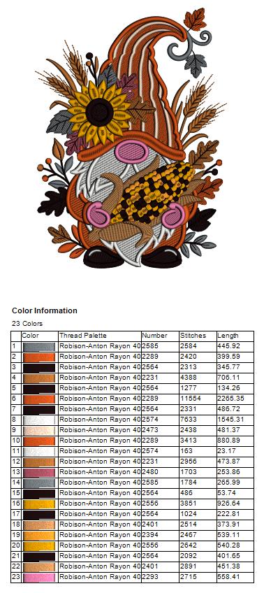 Gnome Holding Corn With Sunflower In His Hat Filled Machine Embroidery Design Digitized Pattern