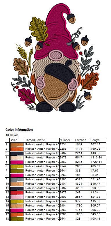 Gnome With Acorn and Leaves Fall Machine Embroidery Design - Filled Pattern