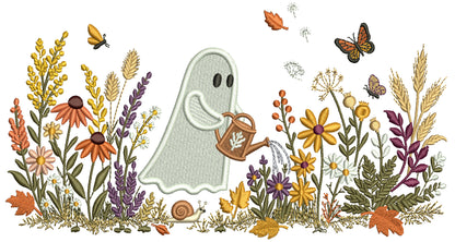 Halloween Ghost Watering Flowers Filled Machine Embroidery Design
