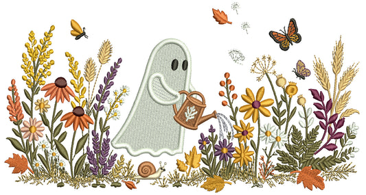 Halloween Ghost Watering Flowers Filled Machine Embroidery Design