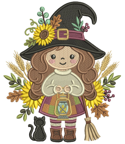 Halloween Witch With Lantern Filled Machine Embroidery Design