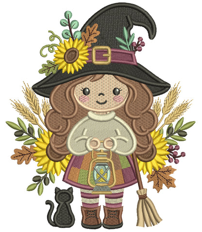 Halloween Witch With Lantern Filled Machine Embroidery Design