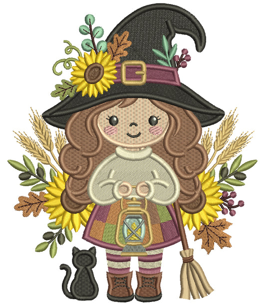 Halloween Witch With Lantern Filled Machine Embroidery Design