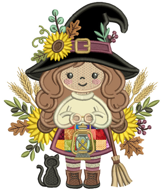 Halloween Witch With Lantern Applique Machine Embroidery Design