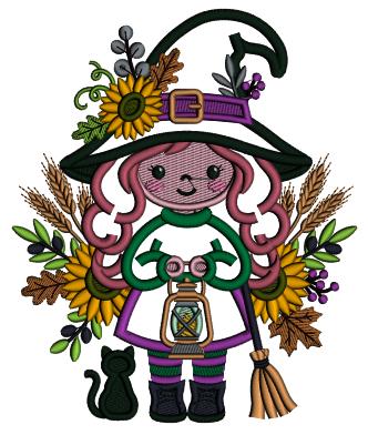 Halloween Witch With Lantern Applique Machine Embroidery Design