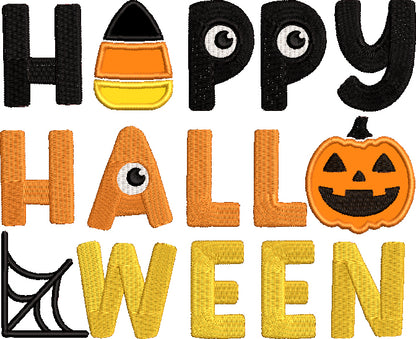 Happy Halloween Pumpkin and Candy Corn Applique Machine Embroidery Design