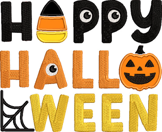 Happy Halloween Pumpkin and Candy Corn Applique Machine Embroidery Design