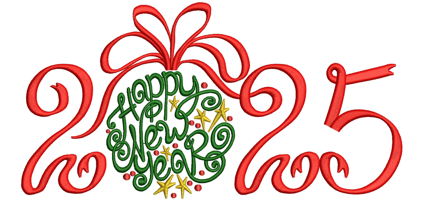 Happy New Year 2025 Ornate Filled Machine Embroidery Design Digitized Pattern