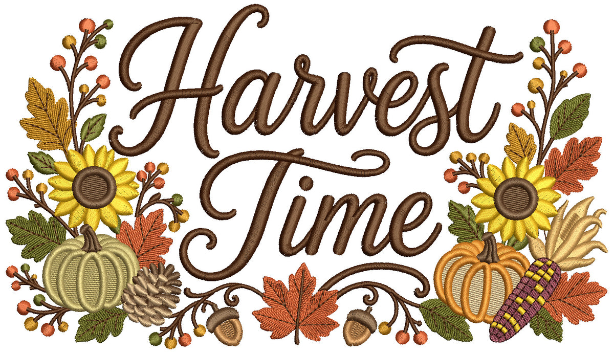 Harvest Time Pumpkins Fall Embroidery Design With Sunflowers and Leaves - Filled Pattern