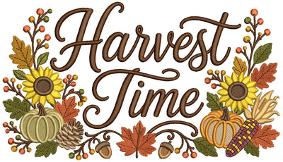 Harvest Time Pumpkins Fall Embroidery Design With Sunflowers and Leaves - Filled Pattern