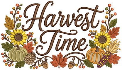 Harvest Time Pumpkins Fall Embroidery Design With Sunflowers and Leaves - Filled Pattern