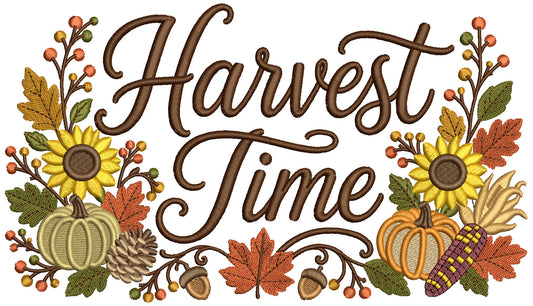 Harvest Time Pumpkins Fall Embroidery Design With Sunflowers and Leaves - Filled Pattern