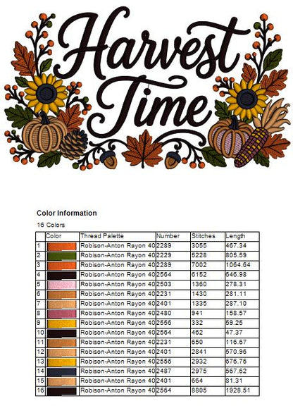 Harvest Time Pumpkins Fall Embroidery Design With Sunflowers and Leaves - Filled Pattern