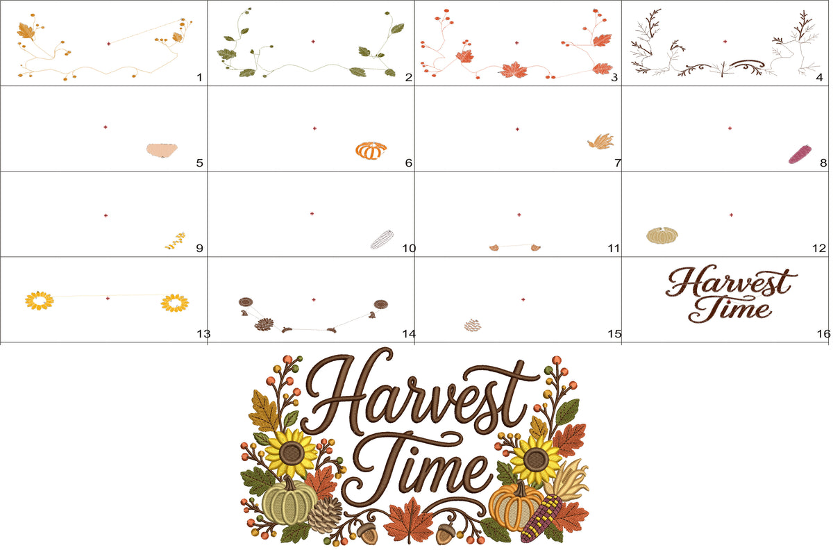 Harvest Time Pumpkins Fall Embroidery Design With Sunflowers and Leaves - Filled Pattern