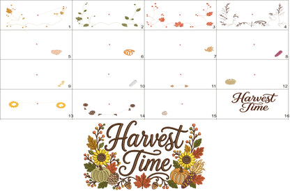 Harvest Time Pumpkins Fall Embroidery Design With Sunflowers and Leaves - Filled Pattern