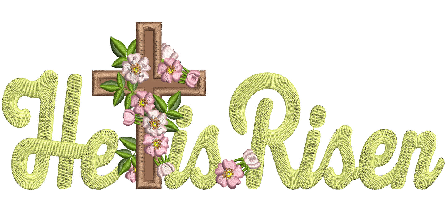 He Is Risen Cross With Flowers Easter Applique Machine Embroidery Design Digitized Pattern