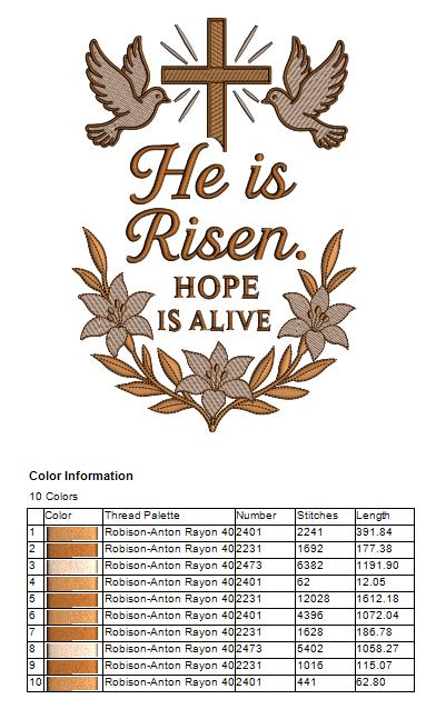 He Is Risen, Hope Is Alive Easter Religious Filled Machine Embroidery Design Digitized Pattern