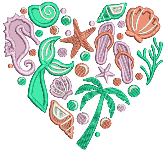Heart WIth Shells And Palm Tree Summer Applique Machine Embroidery Design Digitized Pattern