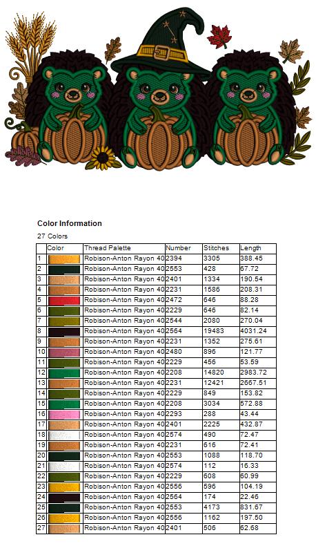 Wizard Hedgehog with Pumpkins Halloween Machine Embroidery Design - Filled Pattern