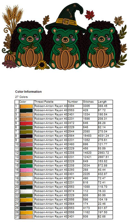 Wizard Hedgehog with Pumpkins Halloween Machine Embroidery Design - Filled Pattern