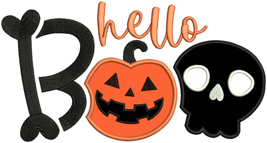 Hello Boo Skull And Pumpkin Halloween Applique Machine Embroidery Design Digitized Pattern