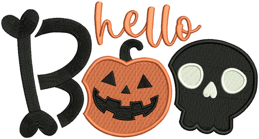 Hello Boo Skull And Pumpkin Halloween Filled Machine Embroidery Design Digitized Pattern