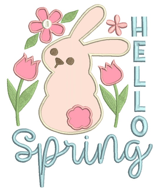 Hello Spring Easter Bunny With Flowers Applique Machine Embroidery Design Digitized Pattern