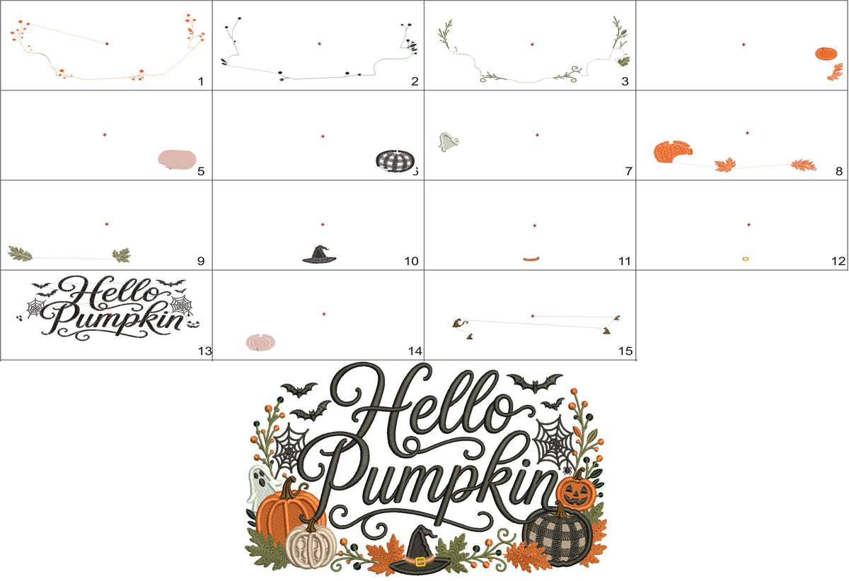 Halloween Pumpkins Machine Embroidery Designs With Ghosts, Bats, and Spiders - Filled Pattern