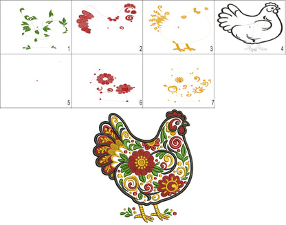 Ornate Hen Chicken With Flowers Filled Machine Embroidery Design Digitized Pattern