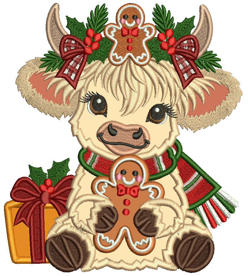 Highland Cow Christmas Machine Embroidery Design With Gingerbread Man and Present - Applique