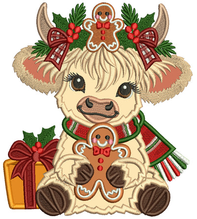 Highland Cow Christmas Machine Embroidery Design With Gingerbread Man and Present - Applique