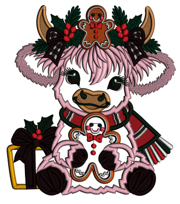 Highland Cow Christmas Machine Embroidery Design With Gingerbread Man and Present - Applique