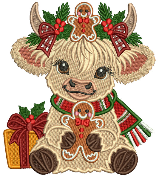 Highland Cow Christmas Machine Embroidery Design With Gingerbread Man and Present - Filled