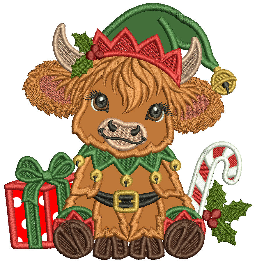 Highland Cow Christmas Machine Embroidery Design With Present and Candy Cane - Applique
