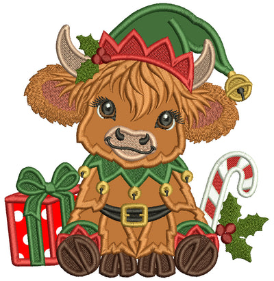 Highland Cow Christmas Machine Embroidery Design With Present and Candy Cane - Applique